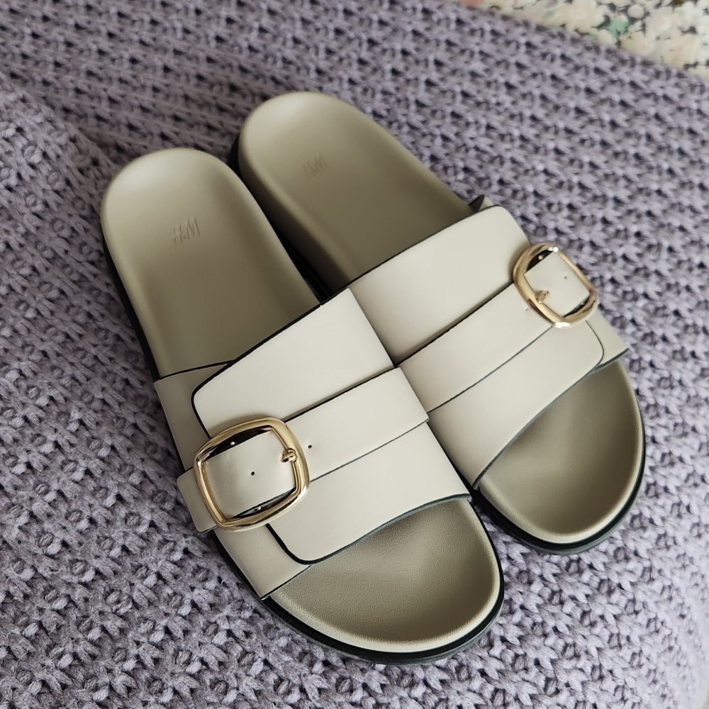 H&M Women's Cream Slide Sandals with Gold Buckle